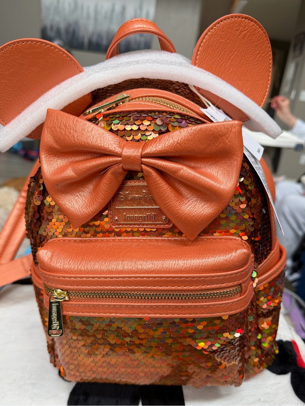 Loungefly Copper Sequin Minnie Ear Mini Backpack with Bow - Picture 2 of 4